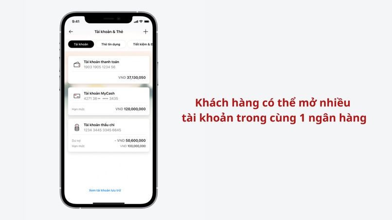 Giao diện hiển thị nhiều tài khoản trong cùng 1 ngân hàng 