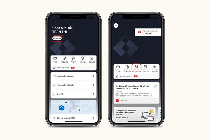 Bước 1 để chuyển tiền qua mã QR Techcombank