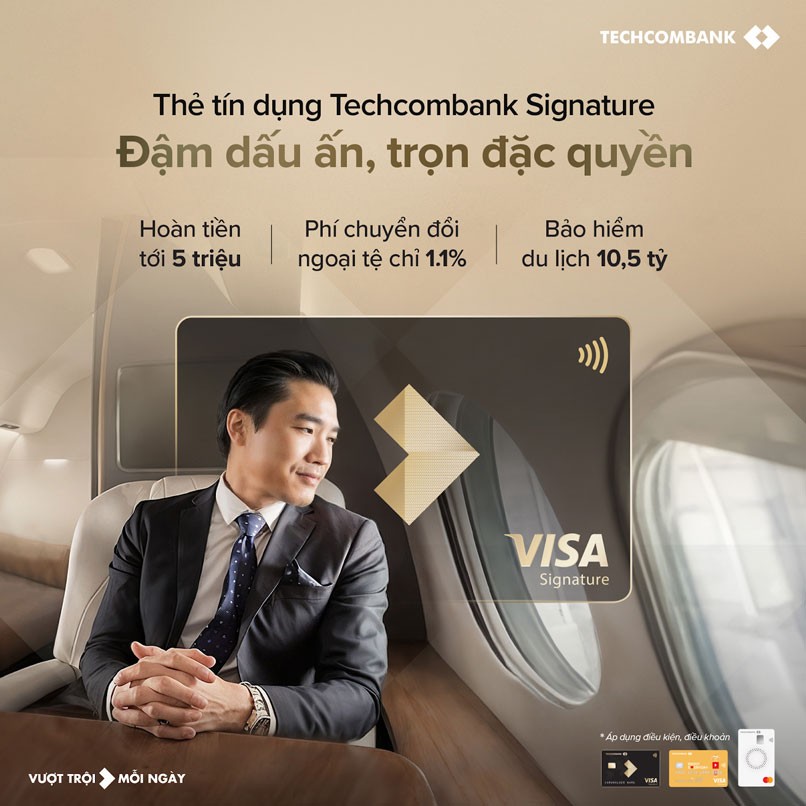 Thẻ tín dụng Techcombank Visa Signature với mức phí chuyển đổi ngoại tệ cạnh tranh.