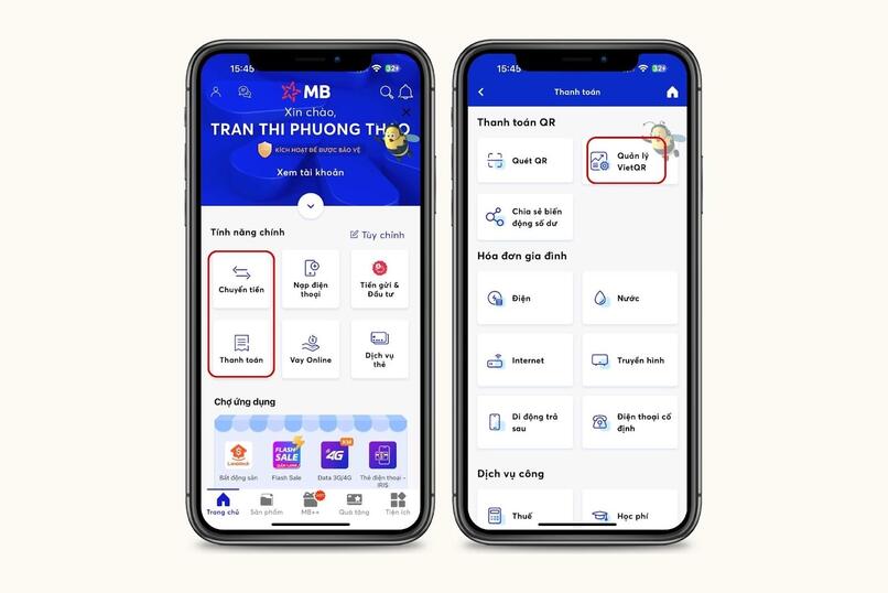 Ở ngân hàng số MBBank, cần truy cập vào tính năng Thanh toán hoặc Chuyển tiền để lấy mã QR.