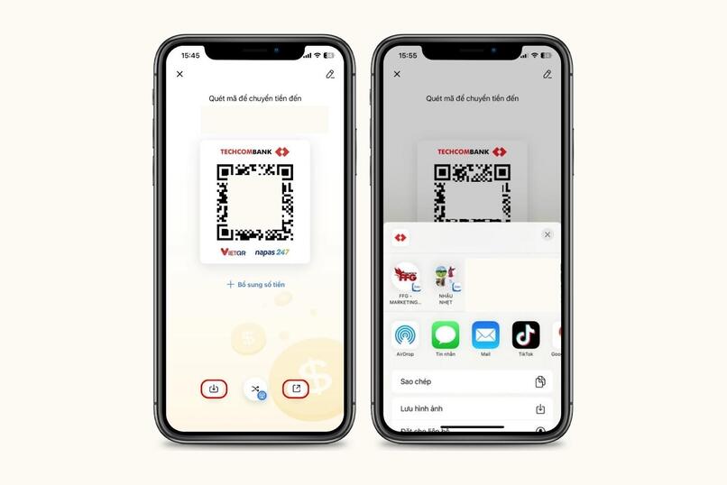 Techcombank Mobile cho phép người dùng gửi mã QR sang ứng dụng khác.