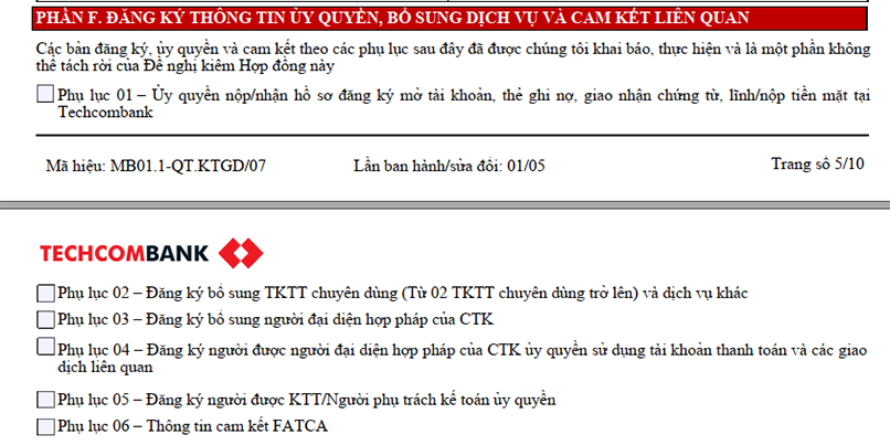 Phần F - Đăng ký thông tin ủy quyền, bổ sung dịch vụ và cam kết liên quan