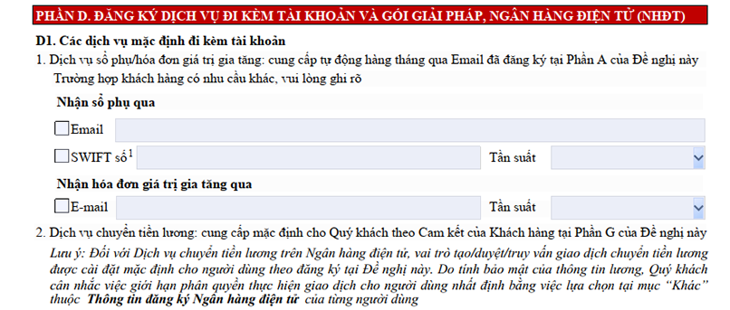 Phần D1 - Các dịch vụ mặc định đi kèm tài khoản