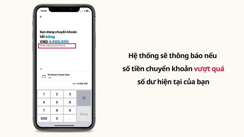 Giao diện thông báo số tiền chuyển khoản vượt quá số dư hiện tại 