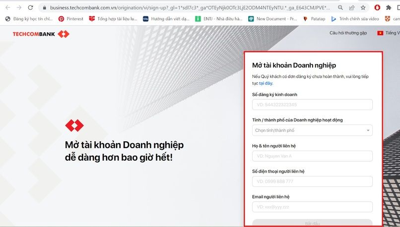 Mở tài khoản Techcombank online bước 2