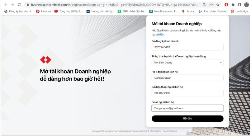 Mở tài khoản Techcombank online bước 3