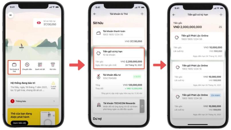 Bạn cần đăng nhập Techcombank Mobile và chọn khoản tiền gửi cần rút.