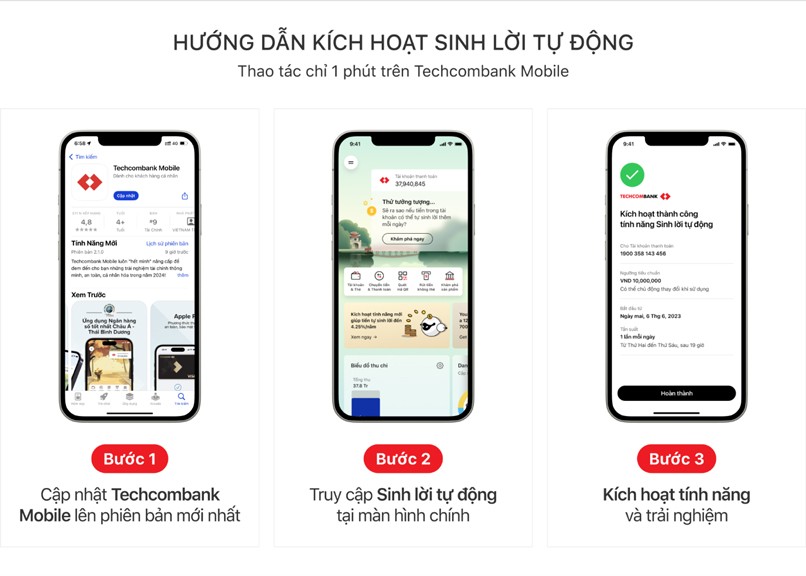 Kích hoạt Sinh lời tự động chỉ với 3 bước trên Techcombank Mobile.