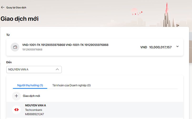 Chuyển khoản công ty trên Internet Banking của Techcombank bước 2
