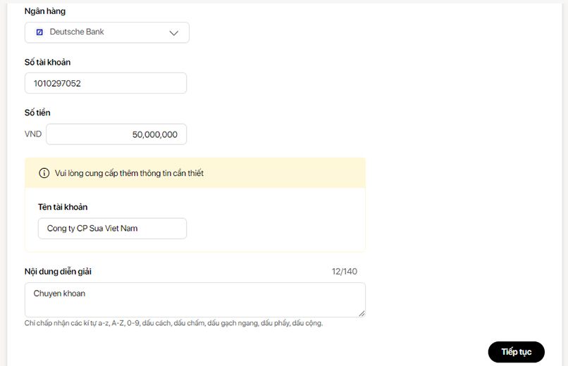 Chuyển khoản công ty trên Internet Banking của Techcombank bước 3
