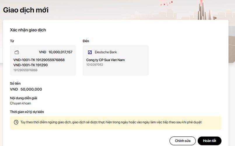 Chuyển khoản công ty trên Internet Banking của Techcombank bước 4