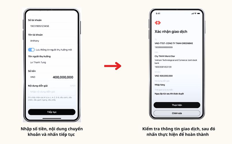 Chuyển khoản trên Techcombank Business Mobile bước 2