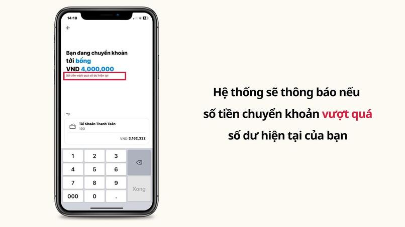 Màn hình thông báo số tiền chuyển khoản vượt quá số dư hiên tại. 