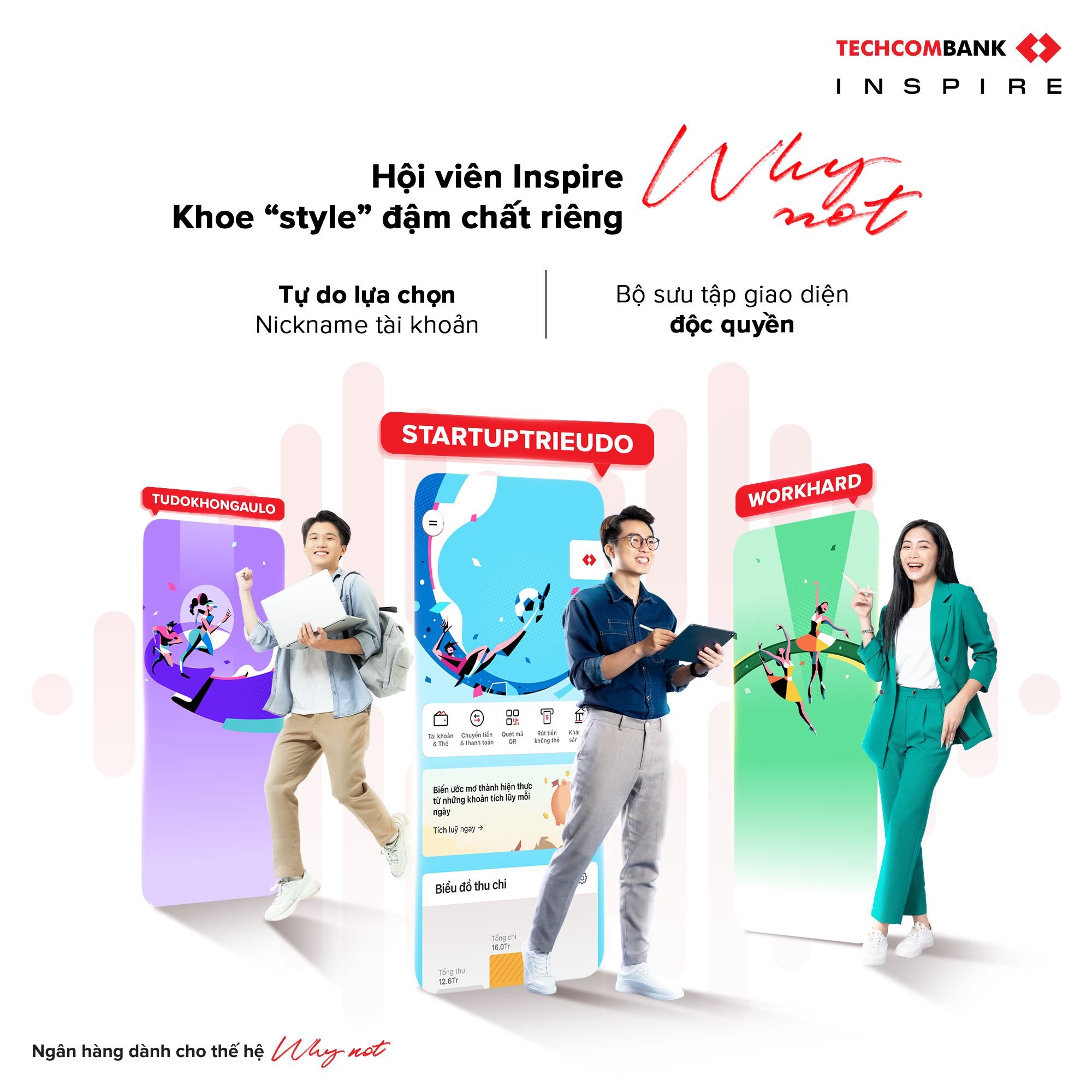 Ví dụ về cá nhân hóa khi trải nghiệm Techcombank Mobile - Thể hiện chất riêng với bộ nickname tài khoản dành riêng cho hội viên Techcombak Inspire.